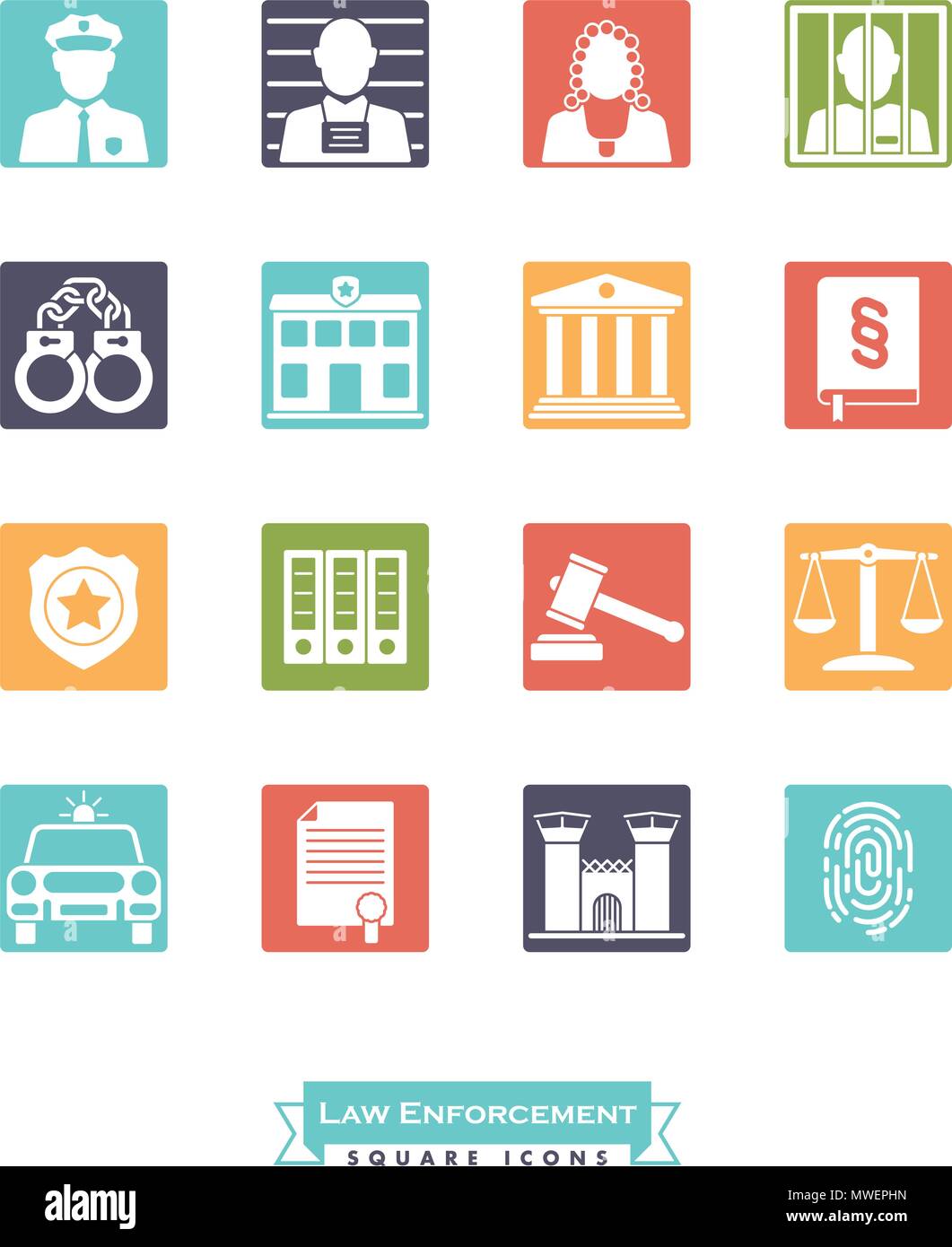 Collection of law enforcement icons. Criminal justice symbols, negative in coloed squares Stock Vector