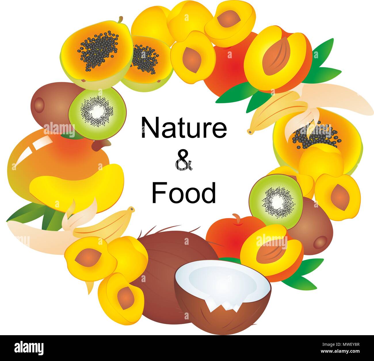 Set of cartoon food illustrations on white background. Exotic fruits