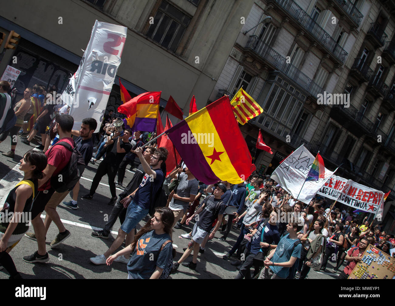 Student and Union protest march Barcelona  Catalunya Spain Stock Photo