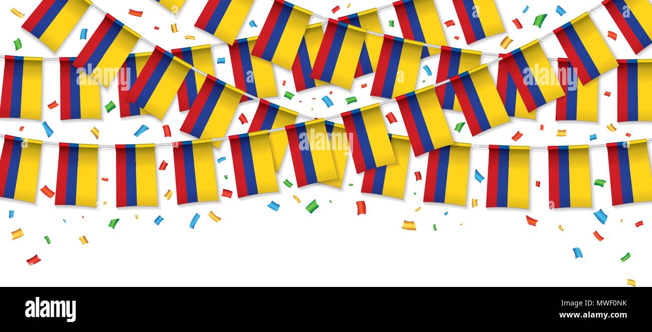 Colombia flags garland white background with confetti, Hang bunting for Colombian Independence Day celebration template banner, Vector illustration Stock Vector
