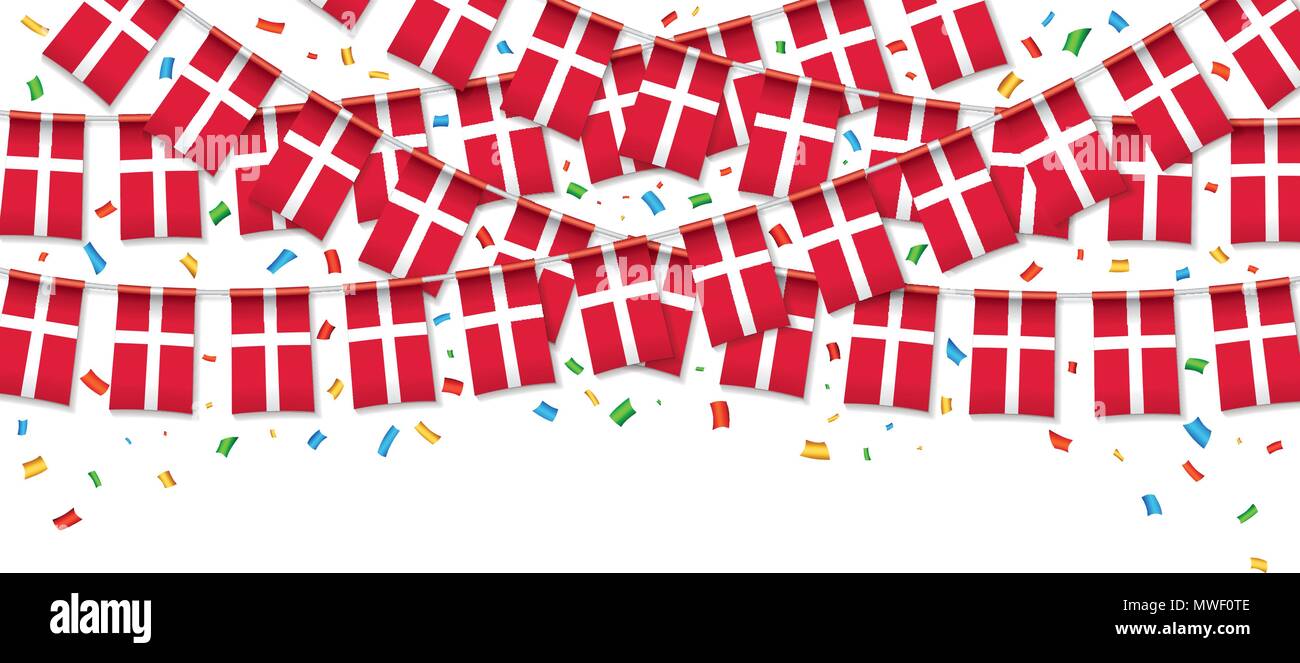 Denmark flags garland white background with confetti, Hang bunting for
