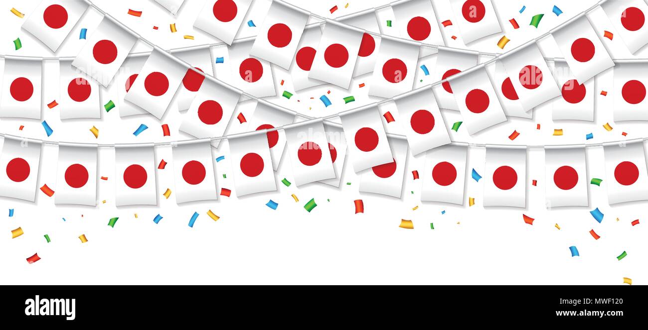 Japan flag garland white background with confetti, Hang bunting for