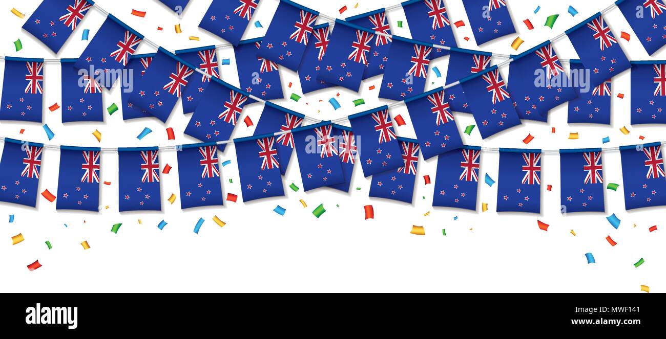New Zealand flag garland white background with confetti, Hang bunting