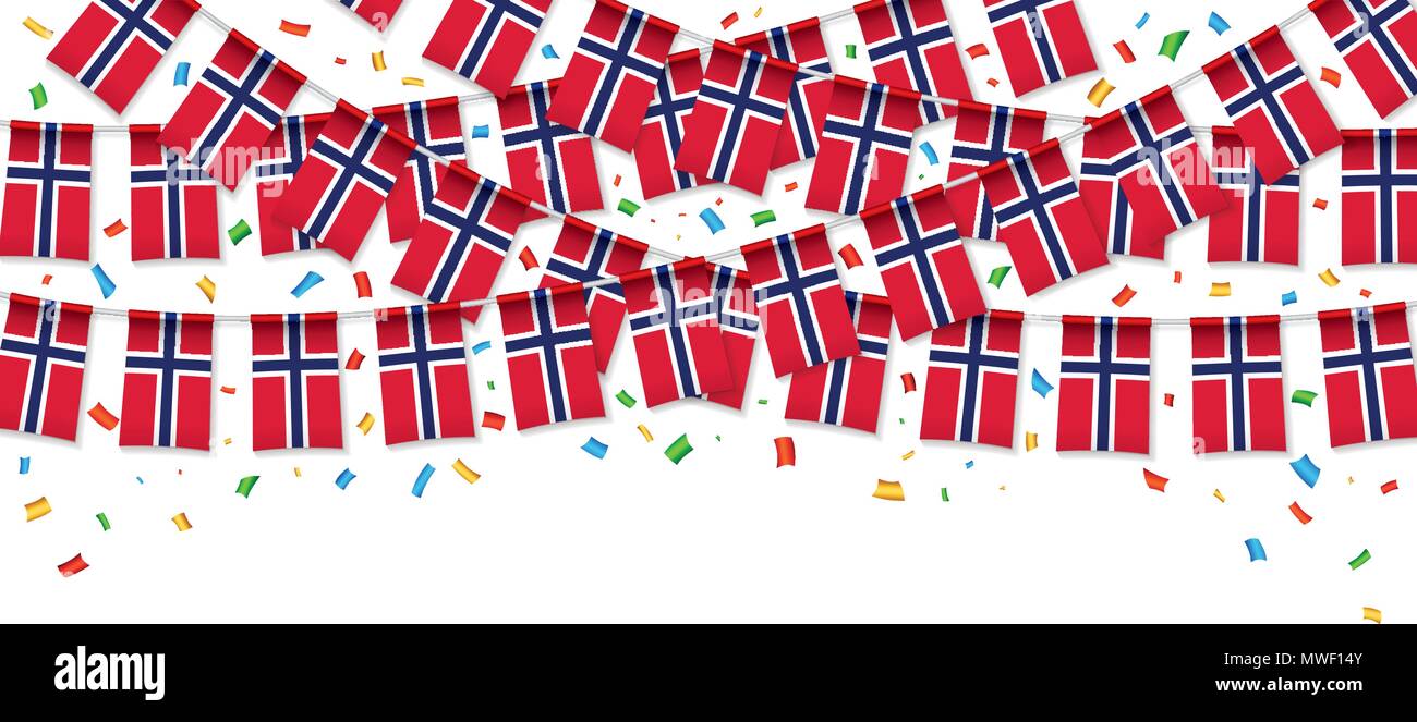 Norway flag garland white background with confetti, Hang bunting for Norway independence Day celebration template banner, Vector illustration Stock Vector