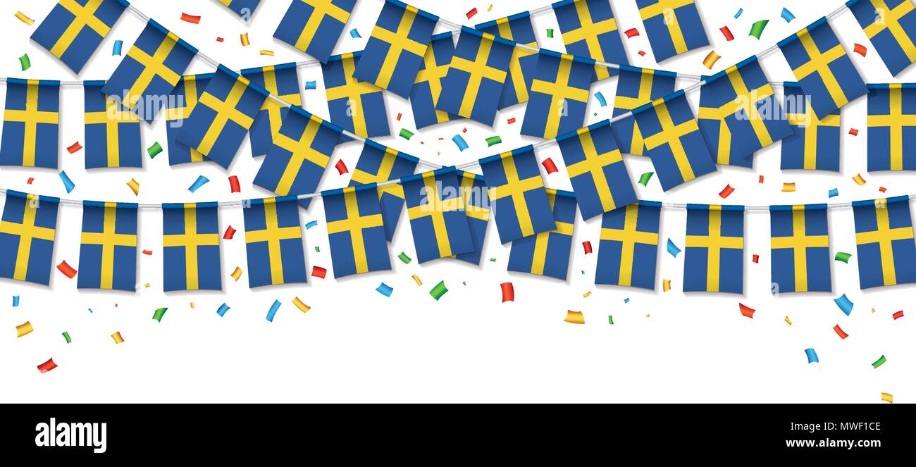 Sweden flags garland white background with confetti, Hang bunting for Swedish independence Day celebration template banner, Vector illustration Stock Vector