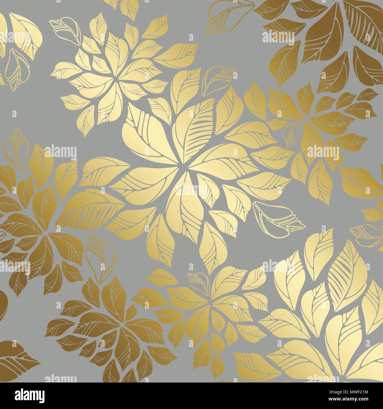 Seamless golden leaves wallpaper pattern on grey background. This image