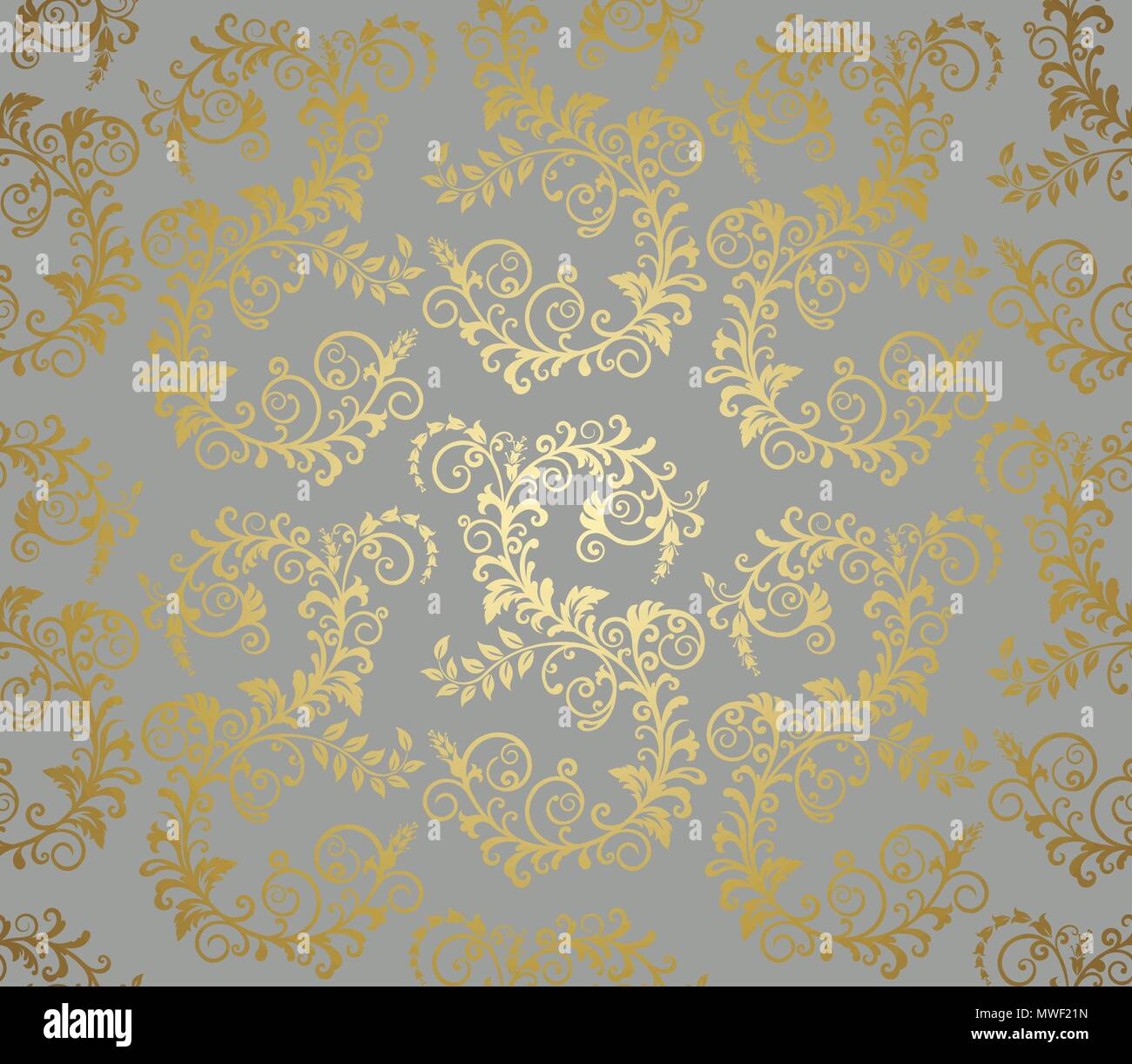 Seamless gold foliage wallpaper pattern on grey background. This image