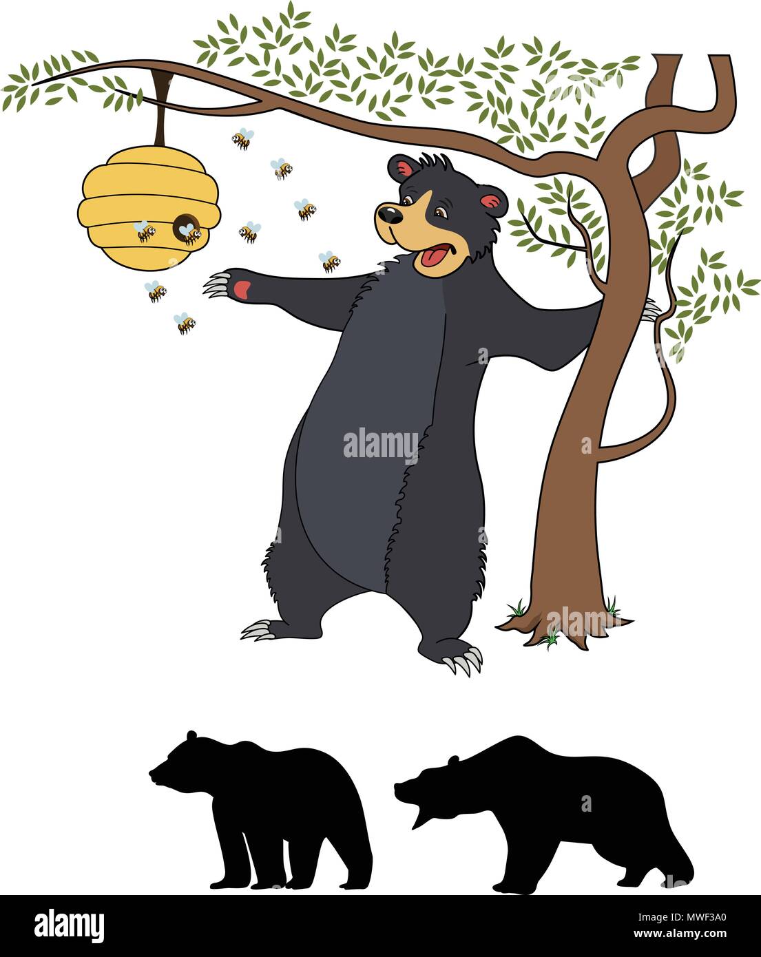 Cute Cartoon Bear Cub With Honey And Bees Stock Vector Image Art Alamy