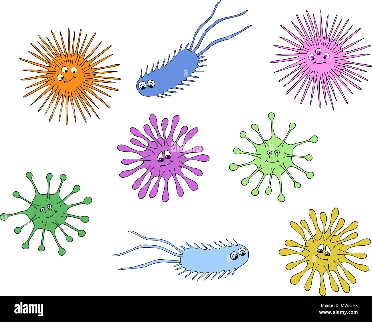 Bacteria and germs colorful set, micro-organisms disease-causing objects, bacteria. Vector cartoon illustration. Stock Vector