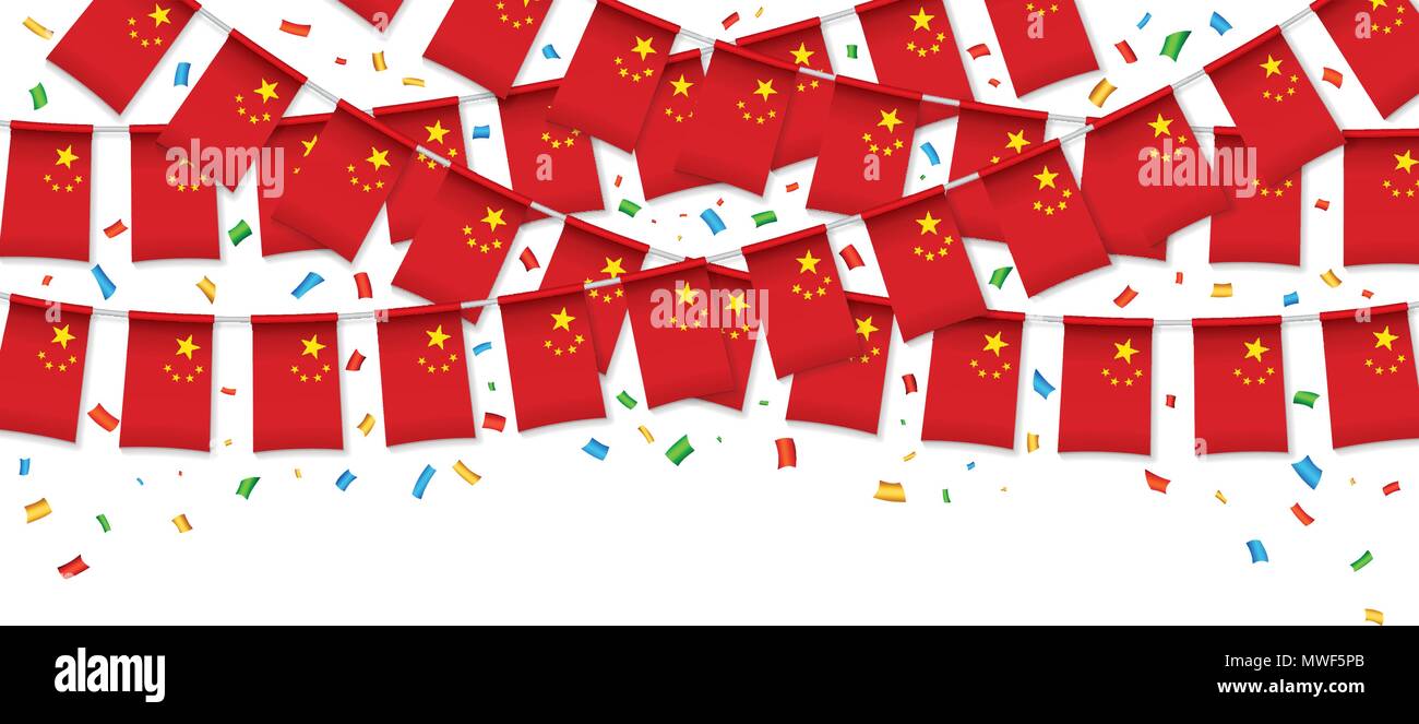 China flag garland white background with confetti, Hang bunting for Chinese Independence Day celebration template banner, Vector illustration Stock Vector