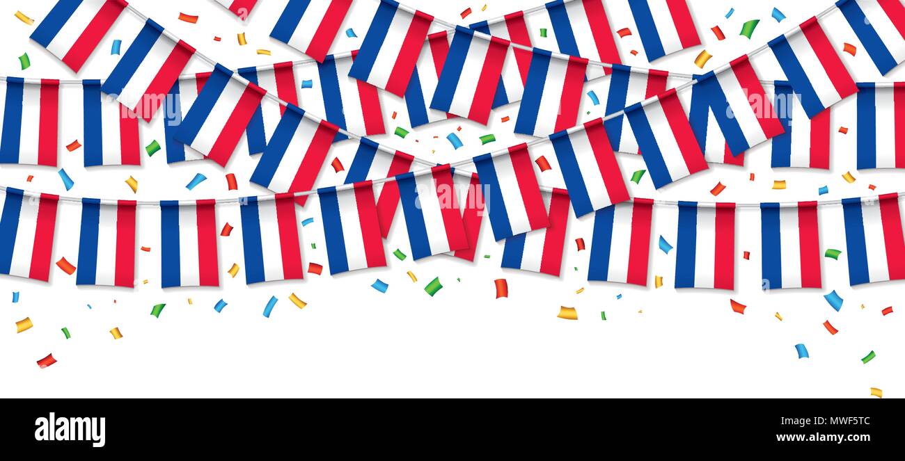 France flags garland white background with confetti, Hang bunting for Franch independence Day celebration template banner, Vector illustration Stock Vector