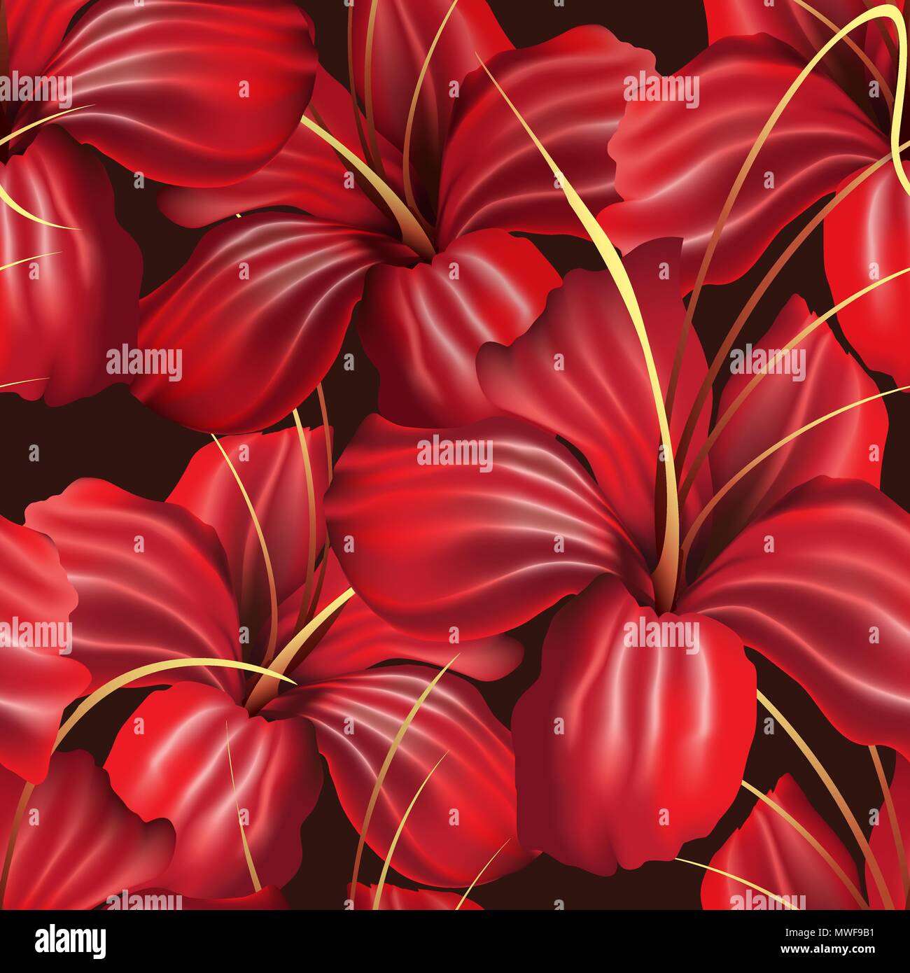 Red Orchid Flowers Seamless Pattern on Black. Vector illustration. Stock Vector