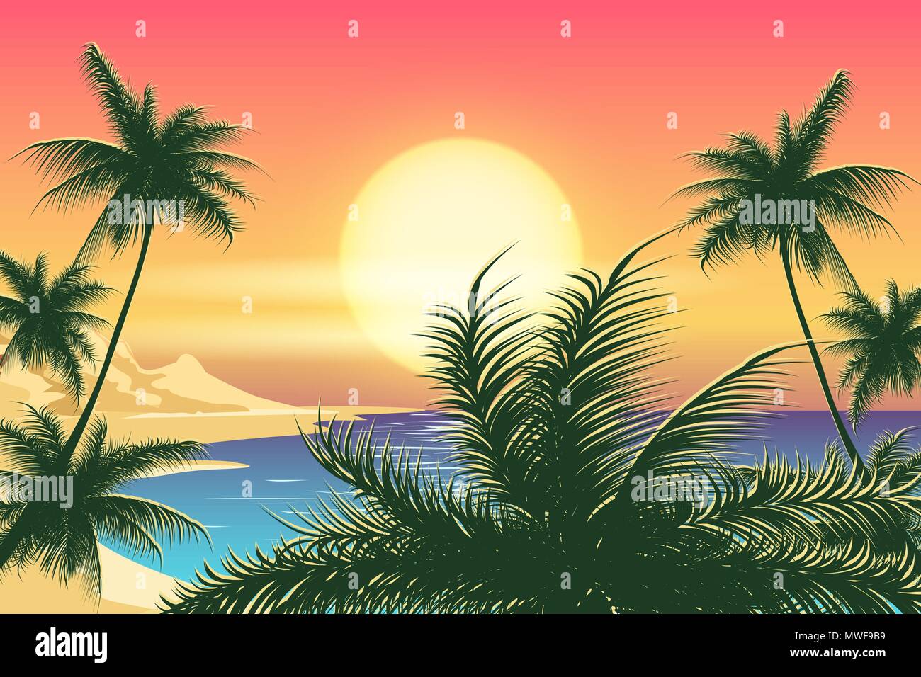 Tropical seascape with palm trees on island coastline at sunset. Vector illustration. Stock Vector