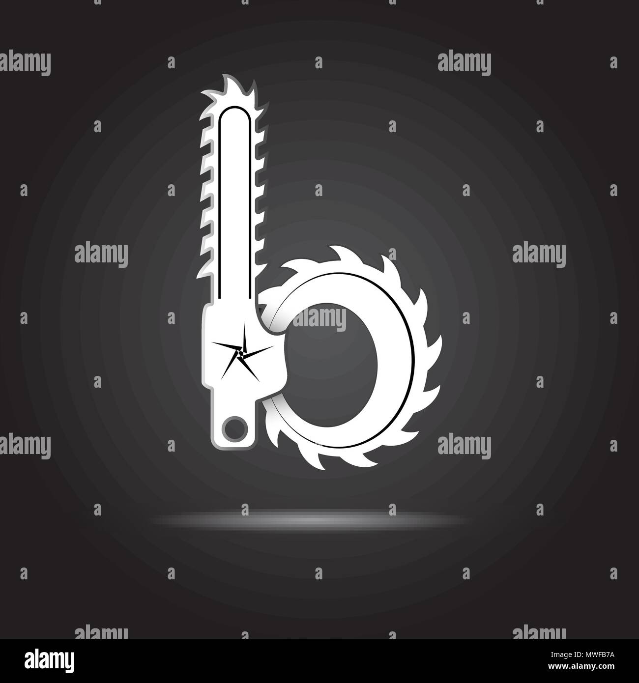 Lowercase letter b in shape of chainsaw - creative logotype design for power tools woodworking company Stock Vector