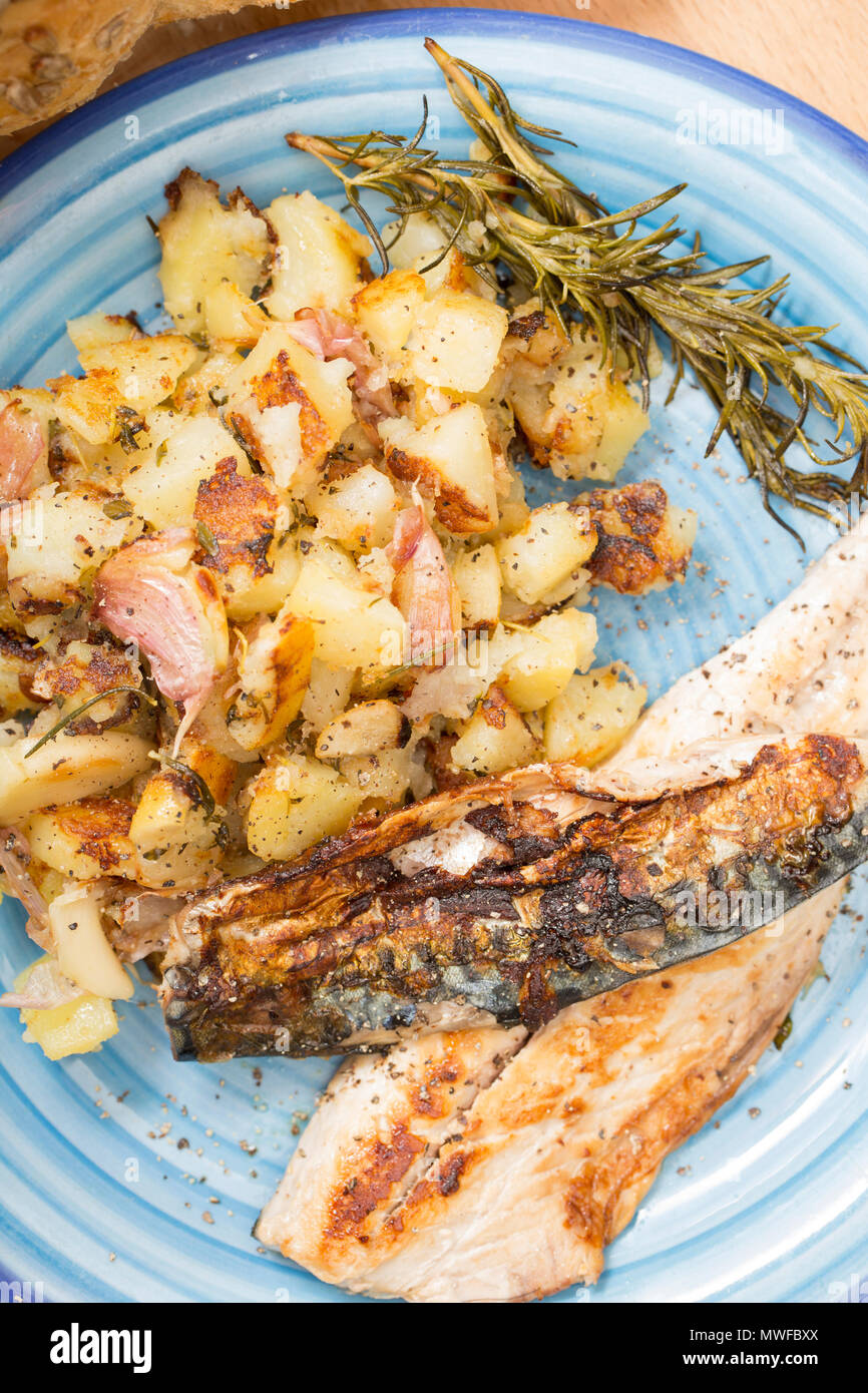 Fried mackerel fillets from mackerel, Scomber scombrus, that have been caught with rod and line beach fishing from Chesil beach in Dorset UK. They are Stock Photo