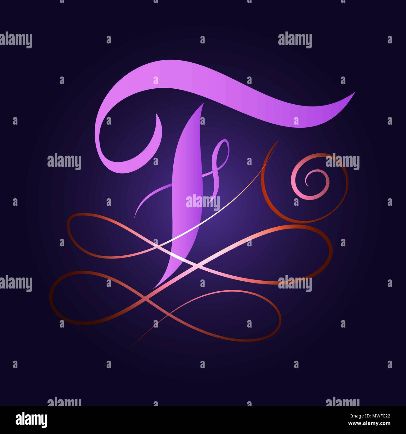 Ultraviolet letter F glowing in copperplate calligraphy style Stock Vector