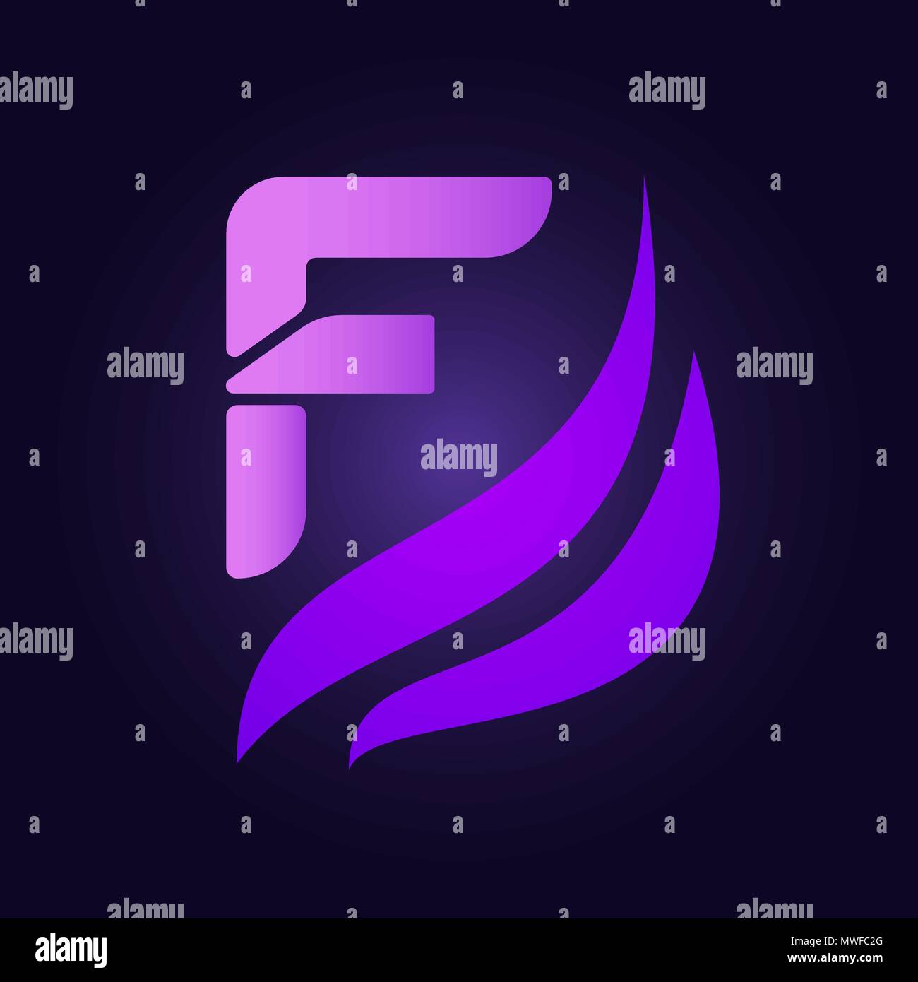 F - capital letter glowing in ultraviolet abstract logo design template Stock Vector