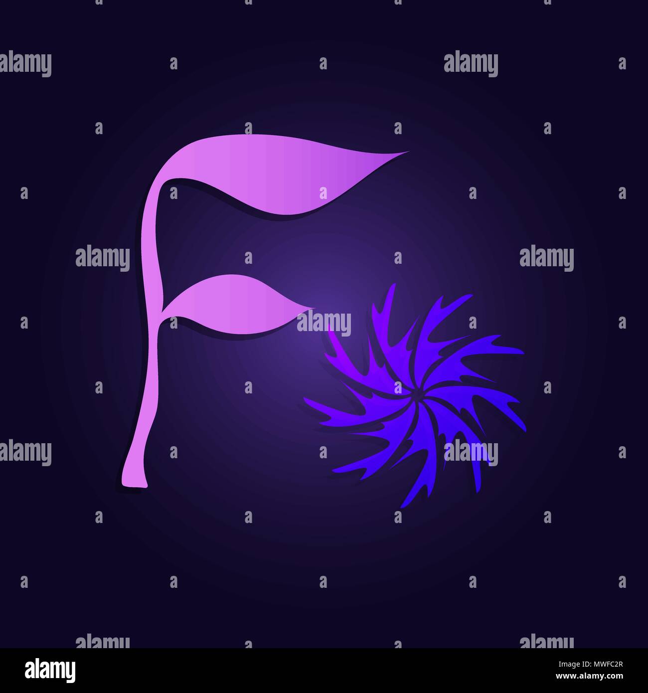 Letter f logotype design in shape of branch with leafs and abstract flower symbol glowing in ultraviolet Stock Vector