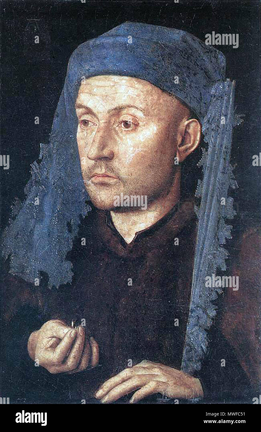 . Portrait of a Man with a Blue Chaperon . circa 1430-33. Jan van Eyck 308 Jan van Eyck Portrait of a Goldsmith Stock Photo