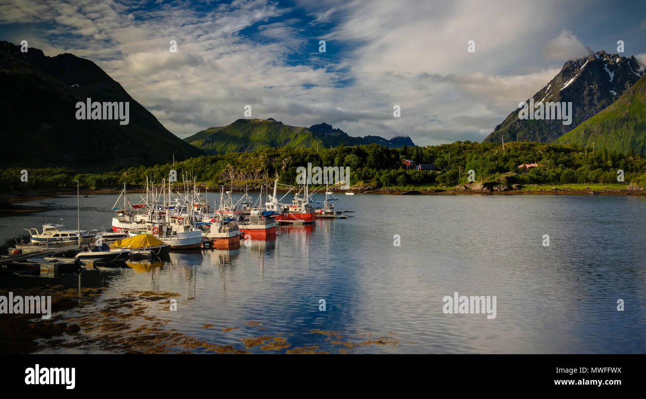 Panoramic view to Sildpollnes village and Urvika fjord, Austvagoy Island, Lofoten, Norway Stock Photo