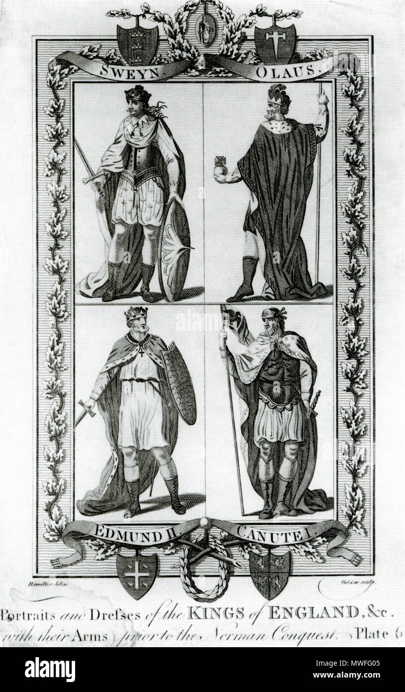 .    This image is a JPEG version of the original PNG image at File: Kings Sweyn, Olaus, Edmund II, Canute.png. Generally, this JPEG version should be used when displaying the file from Commons, in order to reduce the file size of thumbnail images. However, any edits to the image should be based on the original PNG version in order to prevent generation loss, and both versions should be updated. Do not make edits based on this version. Admins: Although this file is a scaled-down duplicate, it should not be deleted! See here for more information.  Eighteenth-century engraving of the early Engli Stock Photo