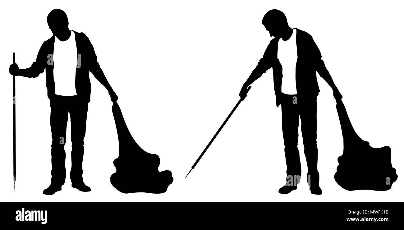 Silhouettes of people cleaning isolated on white Stock Photo
