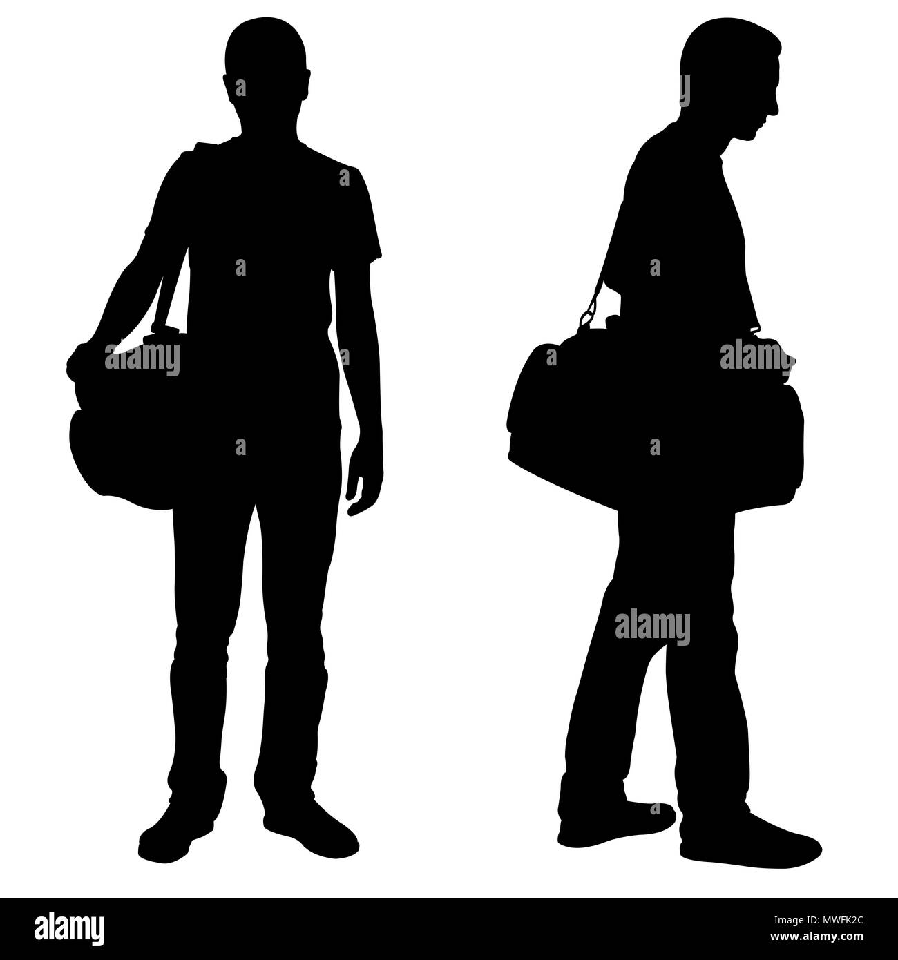 Silhouettes of men with luggage isolated on white Stock Photo