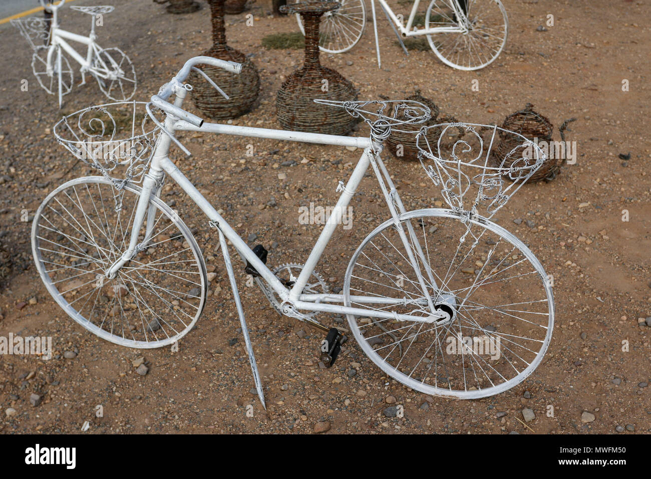 wire bike plant holders on sale, Oudtshoorn, garden route, south africa Stock Photo