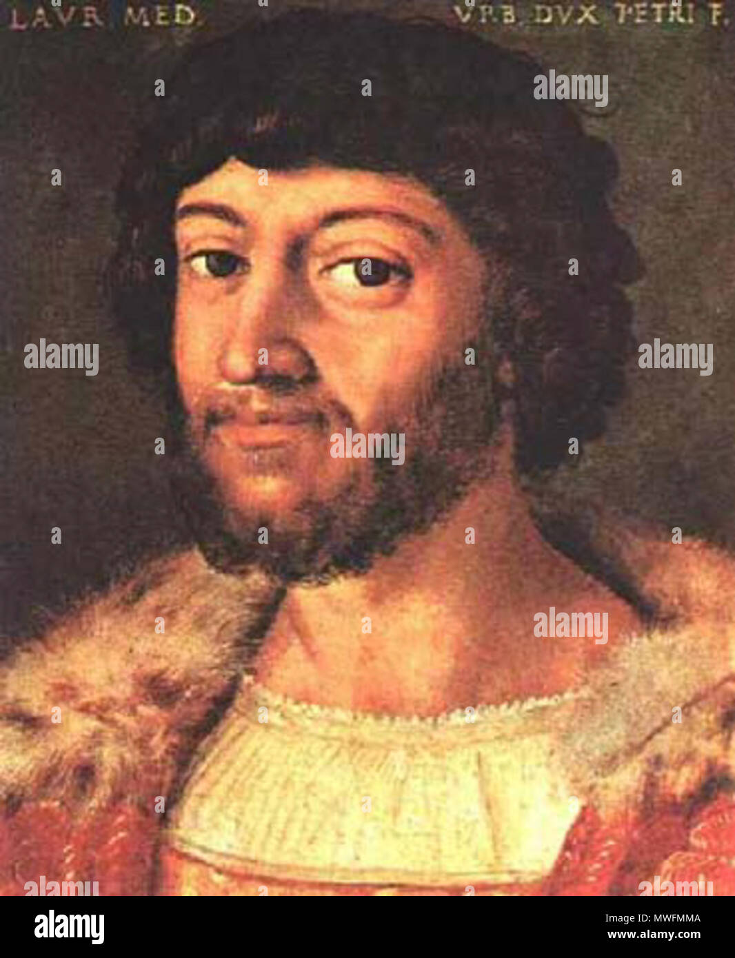 . Lorenzo di Piero de' Medici (September 12, 1492 – May 4, 1519) was the ruler of Florence from 1513 to his untimely death from syphilis in 1519. He was also Duke of Urbino for a short while. Niccolò Machiavelli's The Prince was dedicated to him, as a young ruler who might unite all Italy by expelling the foreign occupiers. 16th century . 28 August 2007. Unknown 376 Lorenzo Second Medici Stock Photo