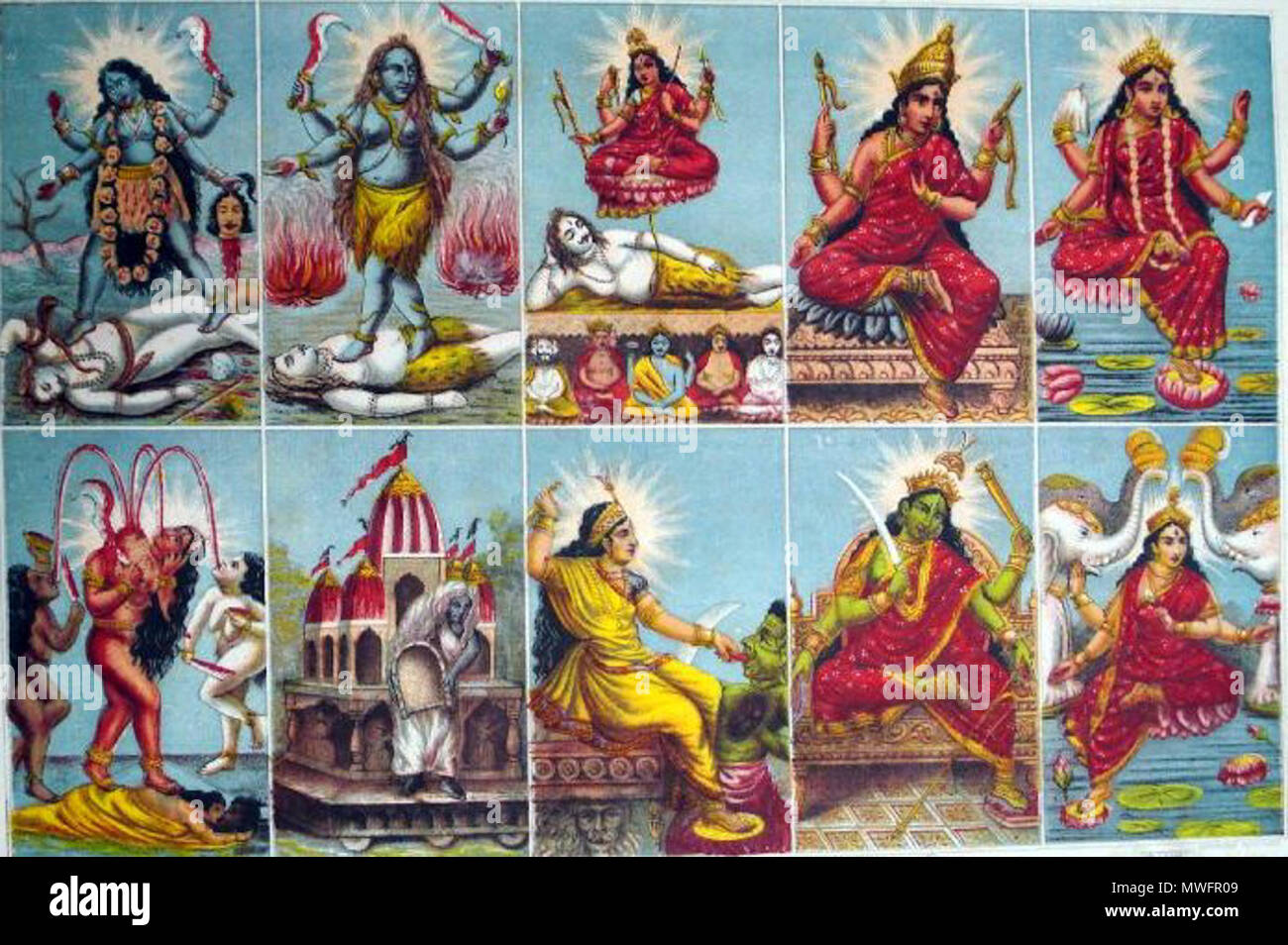 . English: 'Album of popular prints mounted on cloth pages. Colour lithograph, lettered, inscribed and numbered 37. The print is subdivided into ten equal parts, each representing one of the ten aspects of Devi, the divine mother. Each image is identified with a Bengali inscription, and the goddesses represented are: Kali, Tara, Shodashi, Bhuvaneshvari, Bhairavi, Chhinnamasta, Dhumavati, Bagalamukhi, Matangi, and Kamala. 2003,1022,0.37, AN804243 ' . circa 1895. The Calcutta Art Studio 388 Mahavidyas Stock Photo