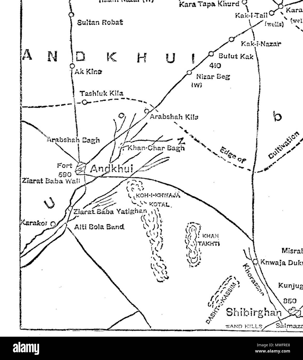 . English: 1886 map of Andkhoy District (Afghanistan) from a map of the Kham-i-Ab, or disputed area between Russia and Afghanistan. 1886. British Commission to establish the northern boundary of Afghanistan 394 Map-Andkhoy-Science-1886 Stock Photo