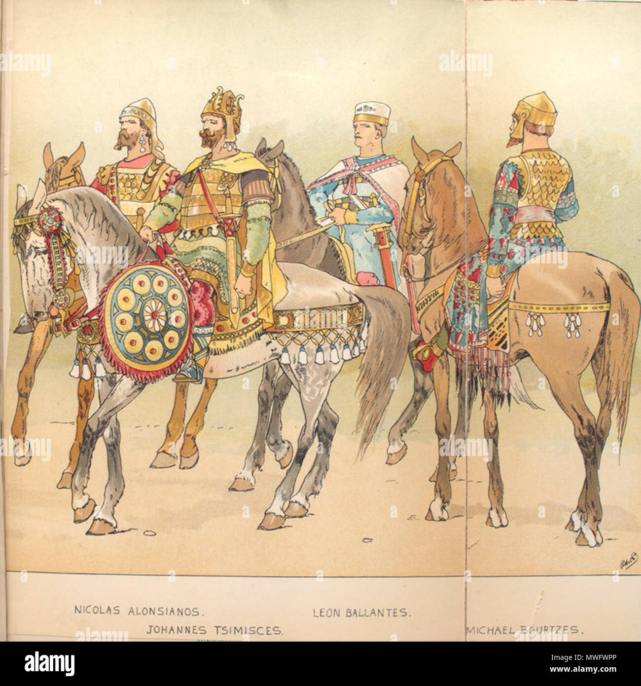 . Fanciful ahistorical representation of several notable 10th-century Byzantine generals: Nicolas Alonsianos, Johannes Tsimisces, Leon Ballantes, Michael Bourtzes. Drawing from Vinkhuijzen Collection of Military Costume Illustration. before 1910. The collection assembled by H. J. Vinkhuijzen (1843-1910). See: [2] 319 Johannes Tsimisces Vinkhuijzen Stock Photo