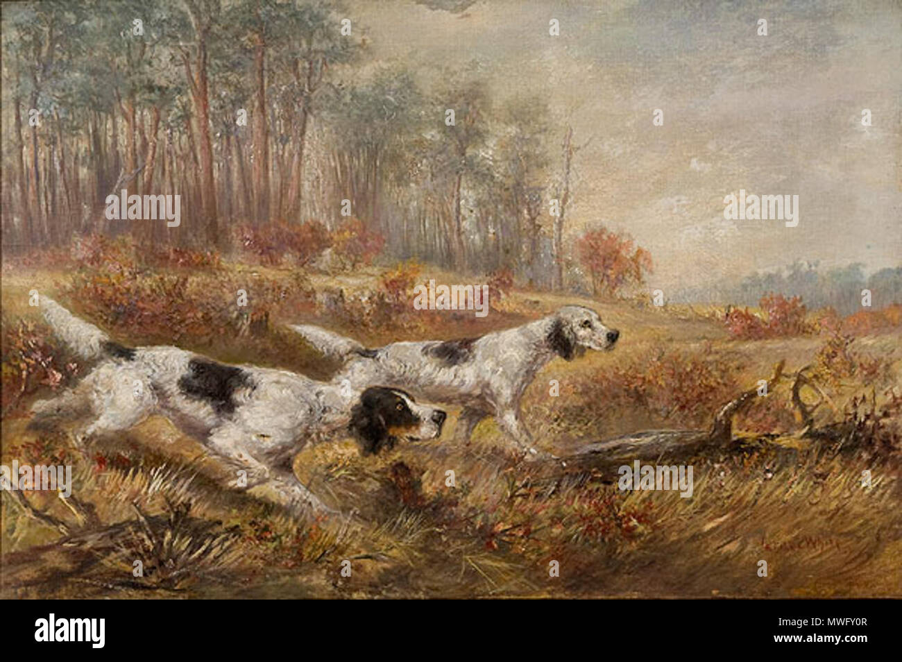 . English: Typical Verner Moore White painting of hunting dogs . 11 December 2007. Nerner Moore White 629 Verner White dog scene Stock Photo