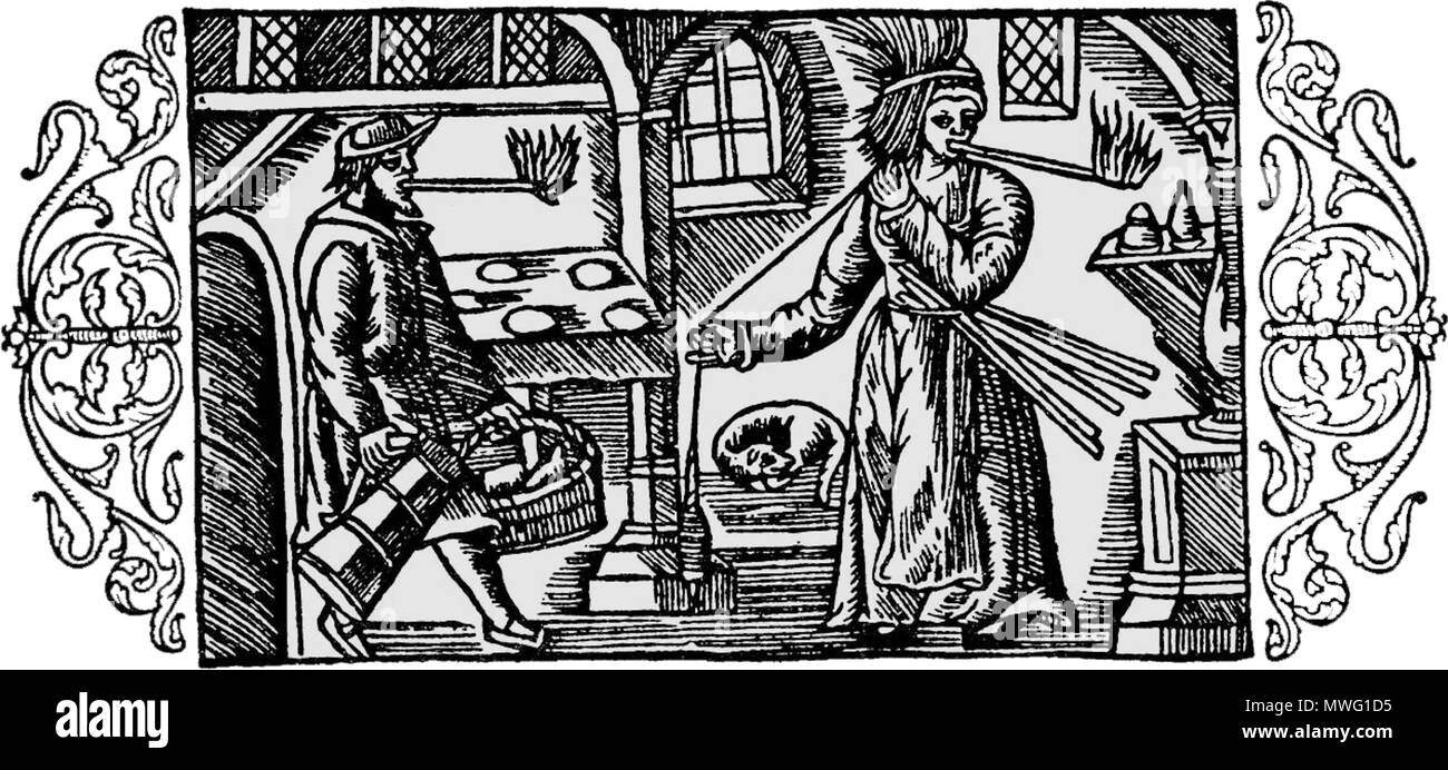 . English: A man and a woman carry fatwood torches in their mouths in order to have both hands free. The man seems to come from an outside pantry with a can of beer and a basket with food. The woman is spinning with a distaff. She carries spare torches in her belt. A dog is sleeping in the background. 12 June 2013, 14:48:56. Olaus Magnus 339 Kienspan Stock Photo