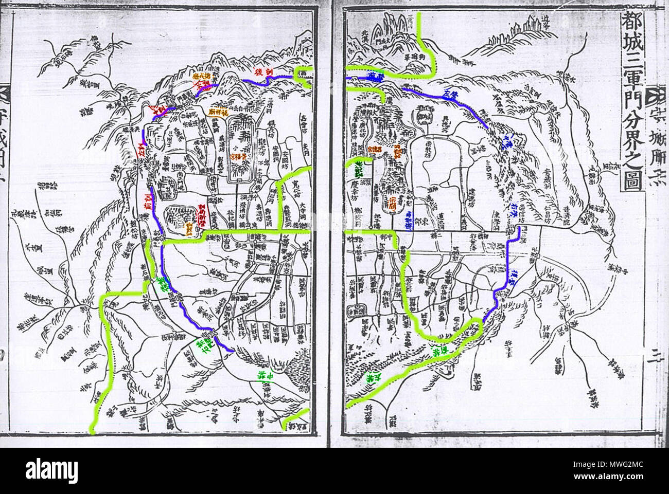. 한국어: 도성삼군문분계지도. 영조 대의 지도. English: An old Korean map of 'Doseong Samgunmu Bungye Jido'. I literally means 'the map of three military divisions of (current) Seoul'. Published in 1751 under the reign of Yeongjo, Gyujang-gak of Seoul Nat'l Univ. conserves it. 14 May 2008. 김재홍 346 Korean old maps Three divisions of Hanyang(Seoul)01 Stock Photo