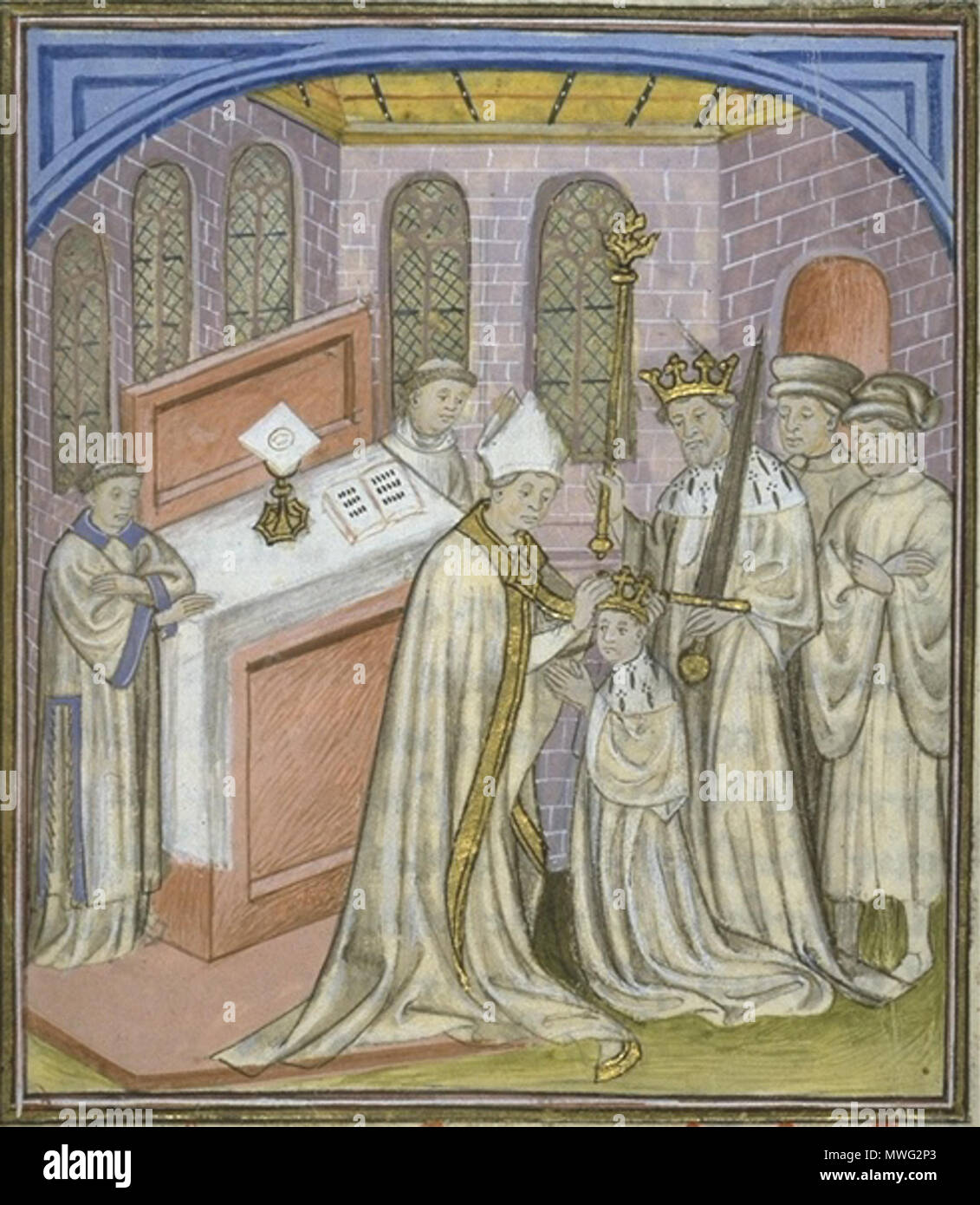 . Français : Philippe Auguste sacré roi du vivant de son père Louis VII par l'archevêque de Rouen (1179) . 14th century. Anonymous 347 Korunovace Stock Photo