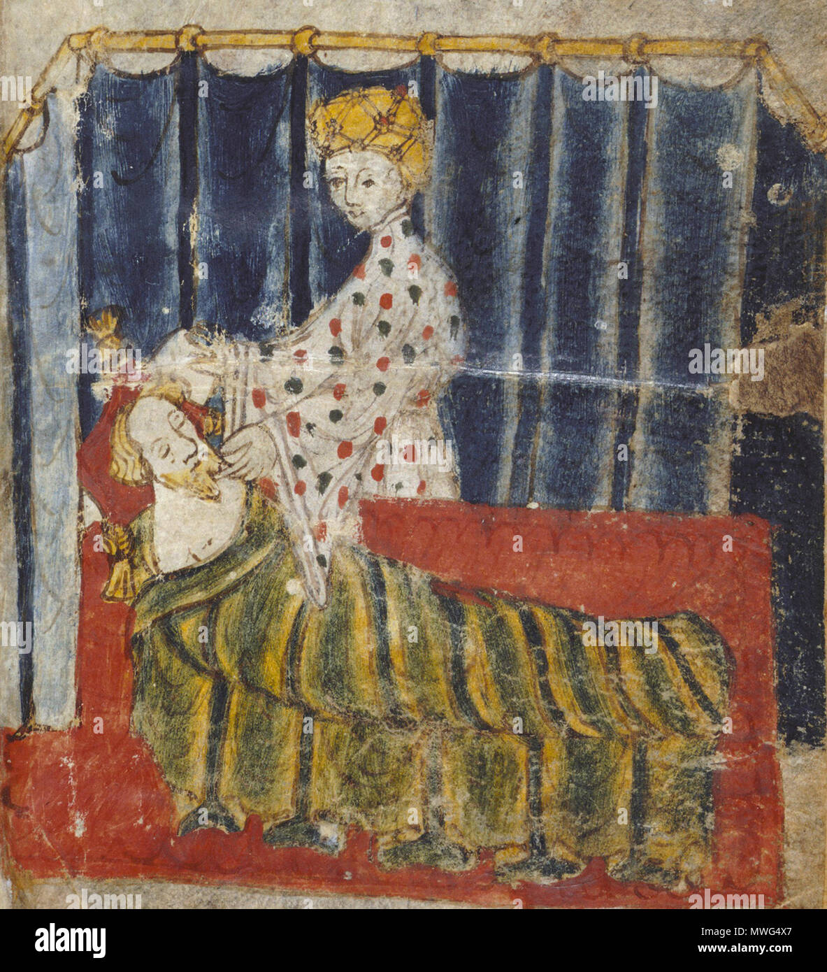 . English: Temptation of Sir Gawain by Lady Bercilak: Cotton Nero A. x, f. 129 . Late 14th Century. Anonymous 357 Lady tempt Gawain Stock Photo