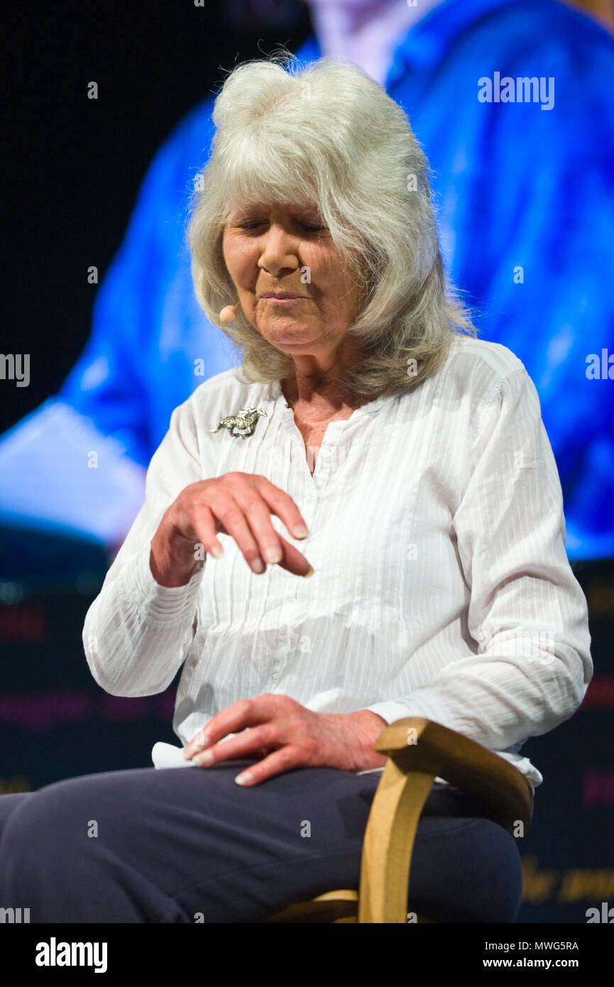 Jilly Cooper novelist speaking on stage in the Tata Tent at Hay Festival 2018 Hay-on-Wye Powys Wales UK Stock Photo