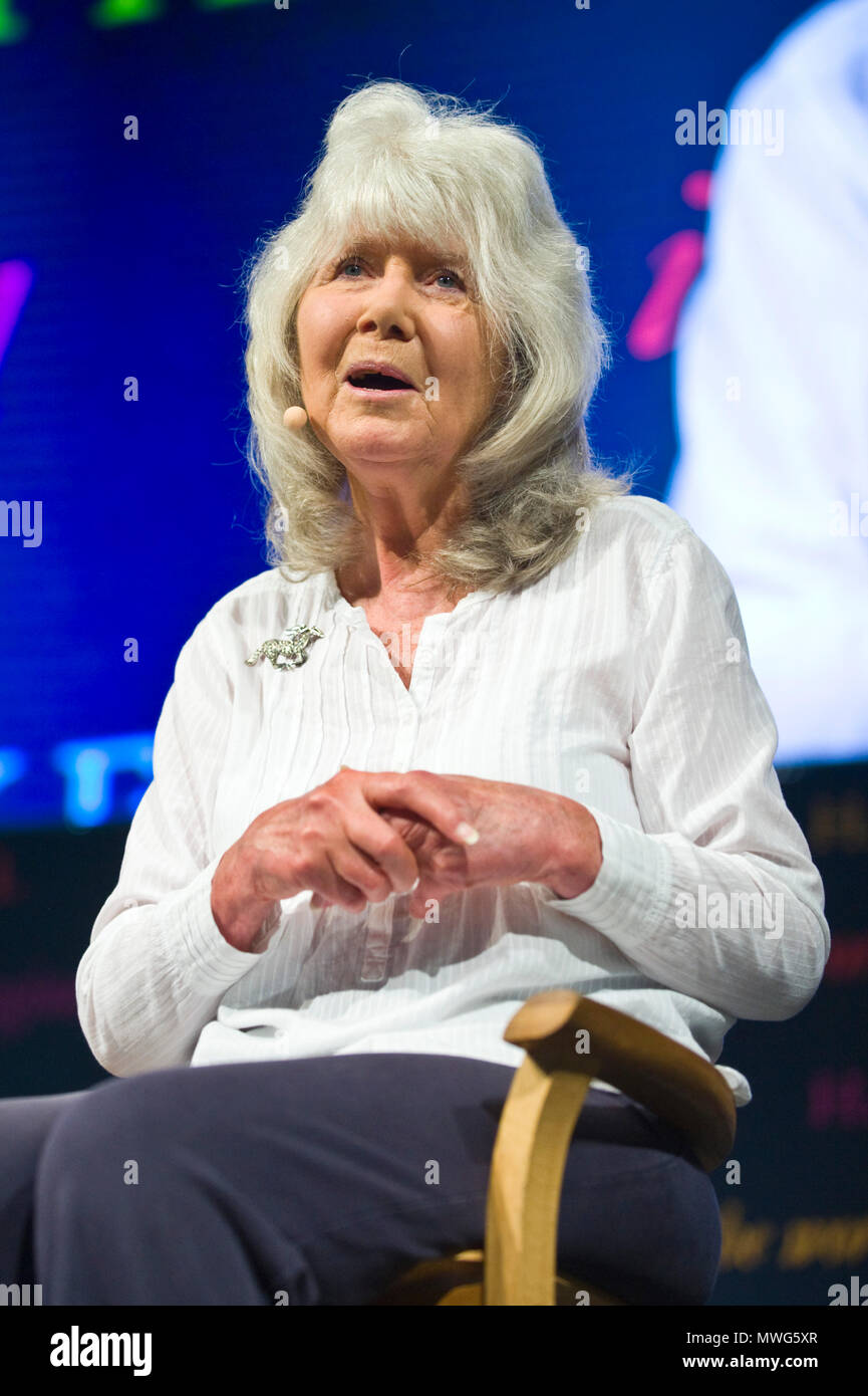 Jilly Cooper novelist speaking on stage in the Tata Tent at Hay Festival 2018 Hay-on-Wye Powys Wales UK Stock Photo