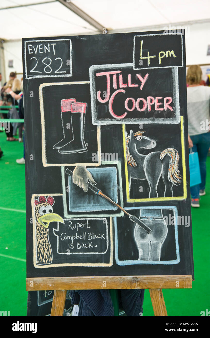 Chalkboard for novelist Jilly Cooper outside the Tata Tent at Hay Festival 2018 Hay-on-Wye Powys Wales UK Stock Photo