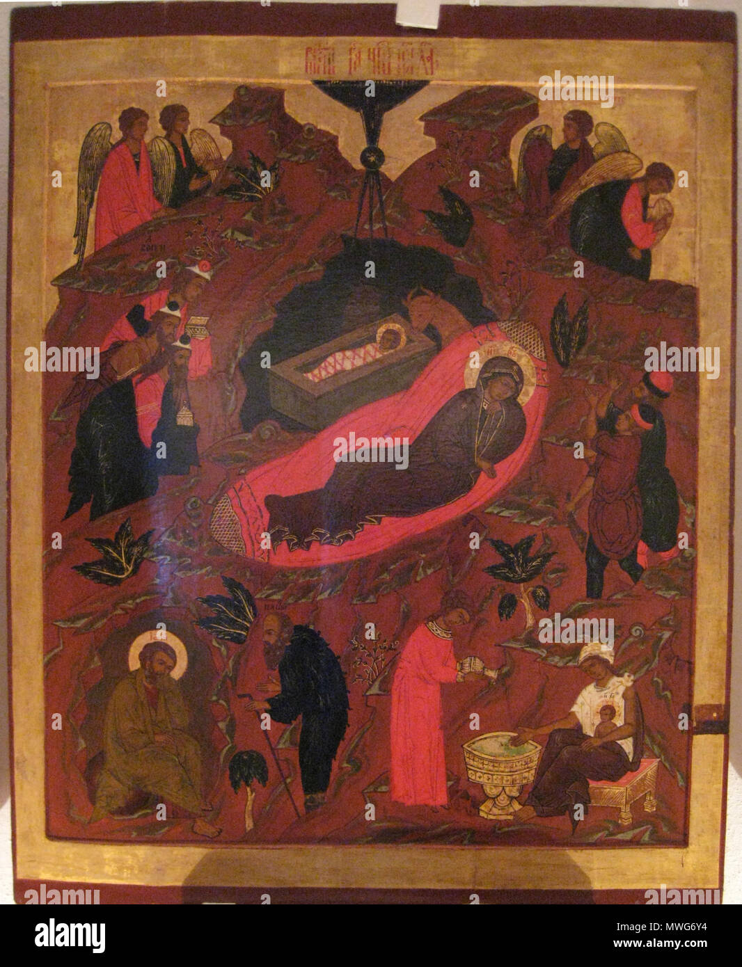 . Nativity icon. Pskov school. Museum of Pskov . XVI-XVII c?. Anonimous 504 Pskov nativity Stock Photo