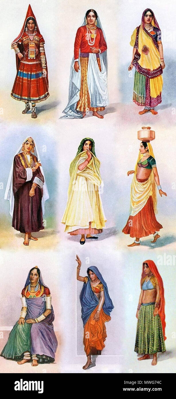 .  English: Watercolor Illustrations of different styles of Ghagra or Lengha Choli worn by women in South Asia. . 1928.    M. V. Dhurandhar  (1867–1944)      Alternative names Mahadev Vishwanath Dhurandhar  Description - painter Mahadev Vishwanath Dhurandhar (1867–1944) is a noted Indian painter[1] and postcard artist.[2] He was a popular painter during British rule in India. His illustrations of women in their daily life are especially popular  Date of birth/death 1867 1944  Location of birth Kolhapur, Maharashtra  Work period British rule in India  Work location India  Authority control  : Q Stock Photo