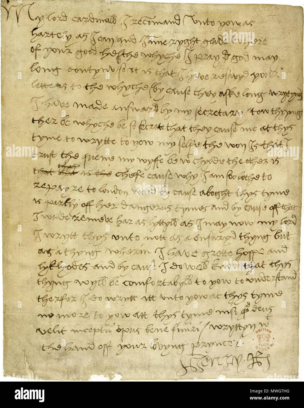 . English: A letter sent in June 1518 from Henry VIII to Cardinal Wolsey, wholly in King's own hand, regarding the seventh and final (and ultimately, unsuccessful) pregnancy of his first wife, Catherine of Aragon. British Library, Cotton Ms. Vespasian F iii, f. 73 (formerly, f. 34b). text: wikisource . June 1518.   Henry VIII  (1491–1547)       Description monarch King of England 1509–1547  Date of birth/death 28 June 1491 28 January 1547  Location of birth/death Palace of Placentia Palace of Whitehall  Authority control  : Q38370 VIAF: 172419710 ISNI: 0000 0001 2258 6127 ULAN: 500205051 LCCN: Stock Photo