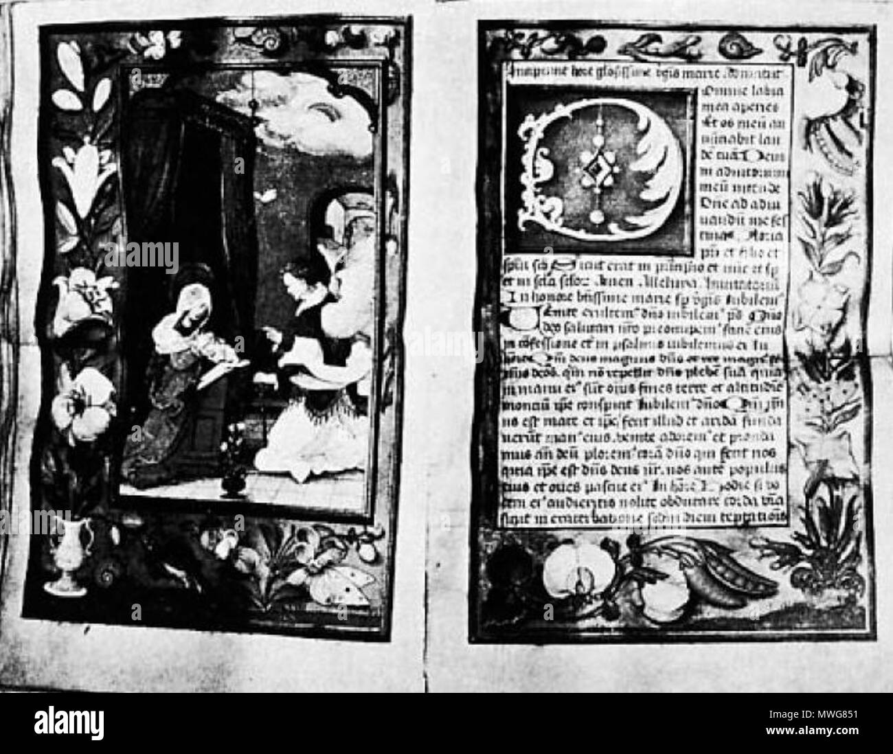 .  English: Liber precum (Prayer Book), a leaf decorated with a miniature of the Annunciation. Polski: Liber precum (Modlitewnik), strona ozdobiona miniaturą Zwiastowania.  .  English: 15th century   370 Liber precum 1 Stock Photo