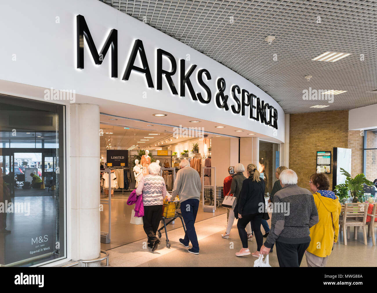 Marks and Spencer shop front. M&S store front in Holmbush Shopping Centre, Shoreham, West Sussex, England, UK. Shopping mall. Retail store. Stock Photo