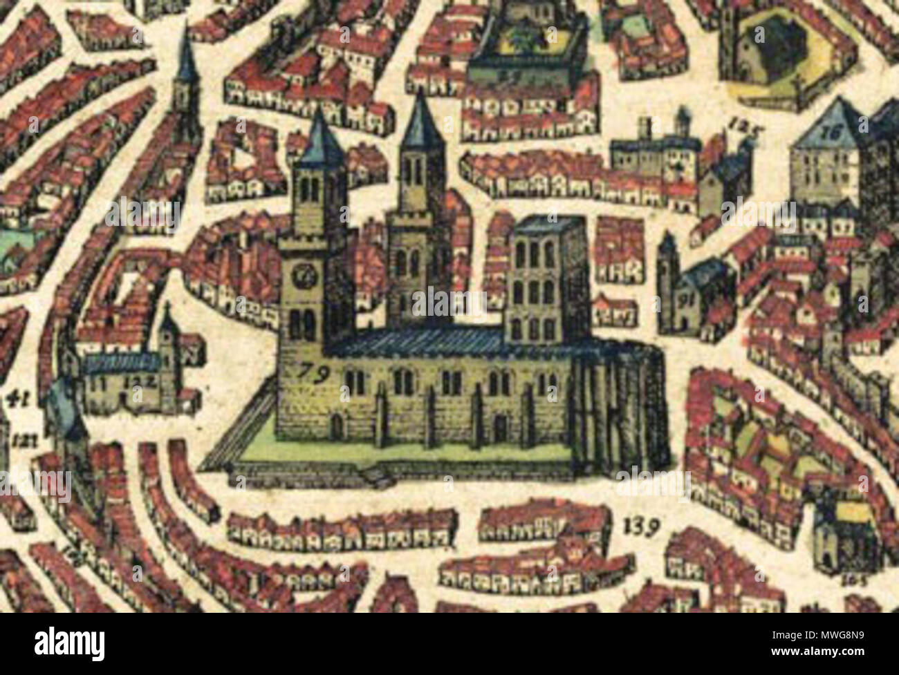 . English: Lisbon Cathedral in a city map of 1598 . circa 1598. Georg Braun and Franz Hogenberg 373 LisbonCathedral-1598 Stock Photo