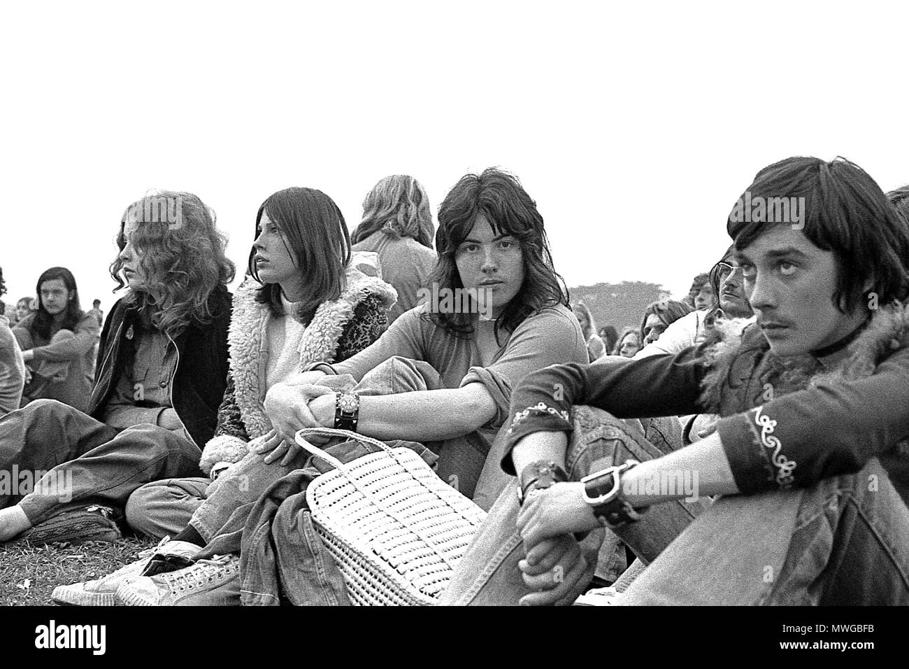 Young people watching the band on stage at Kendal Music Festival 1973 Stock Photo