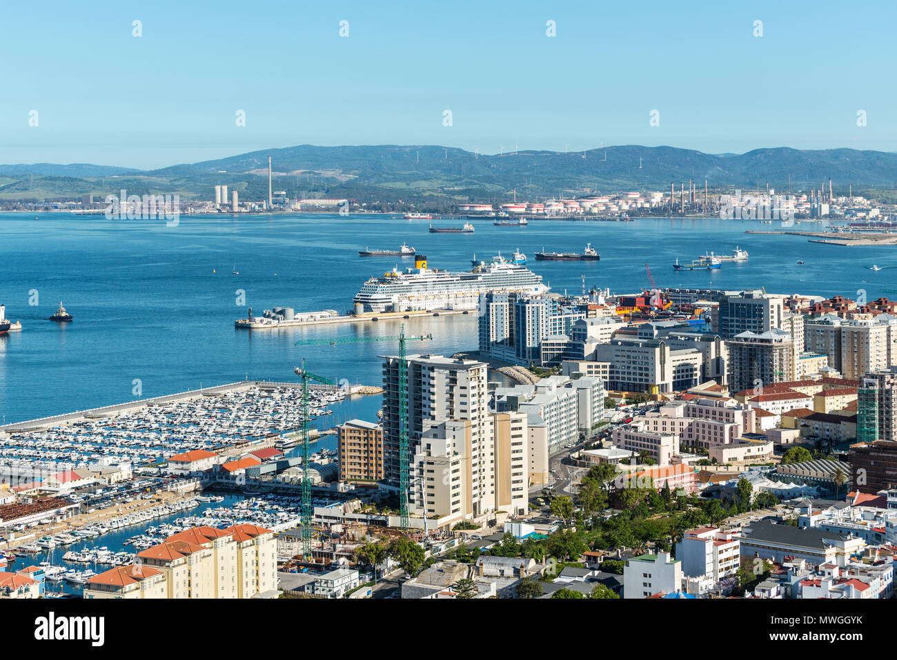 Gibraltar, UK - May 18, 2017: Aerial view of the Gibraltar harbor, seaport, ships in the Bay of Algeciras (coast of Spain). Stock Photo