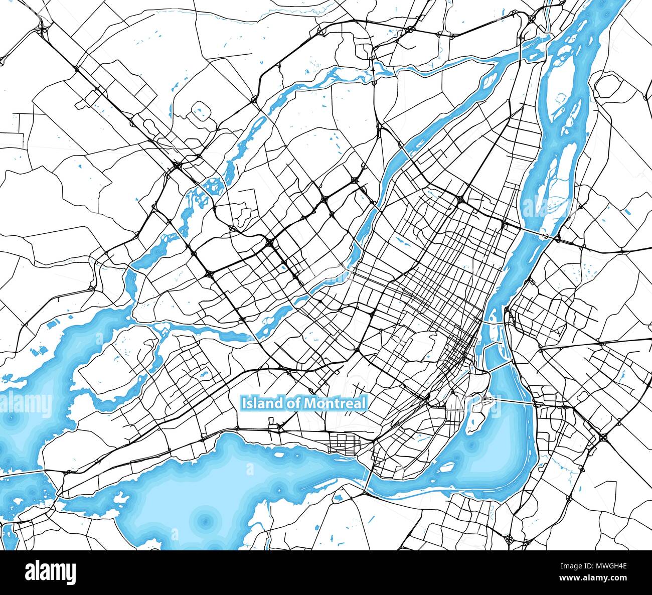 Map of the island of Montreal, Canada with the largest highways, roads and surrounding islands and islets Stock Vector
