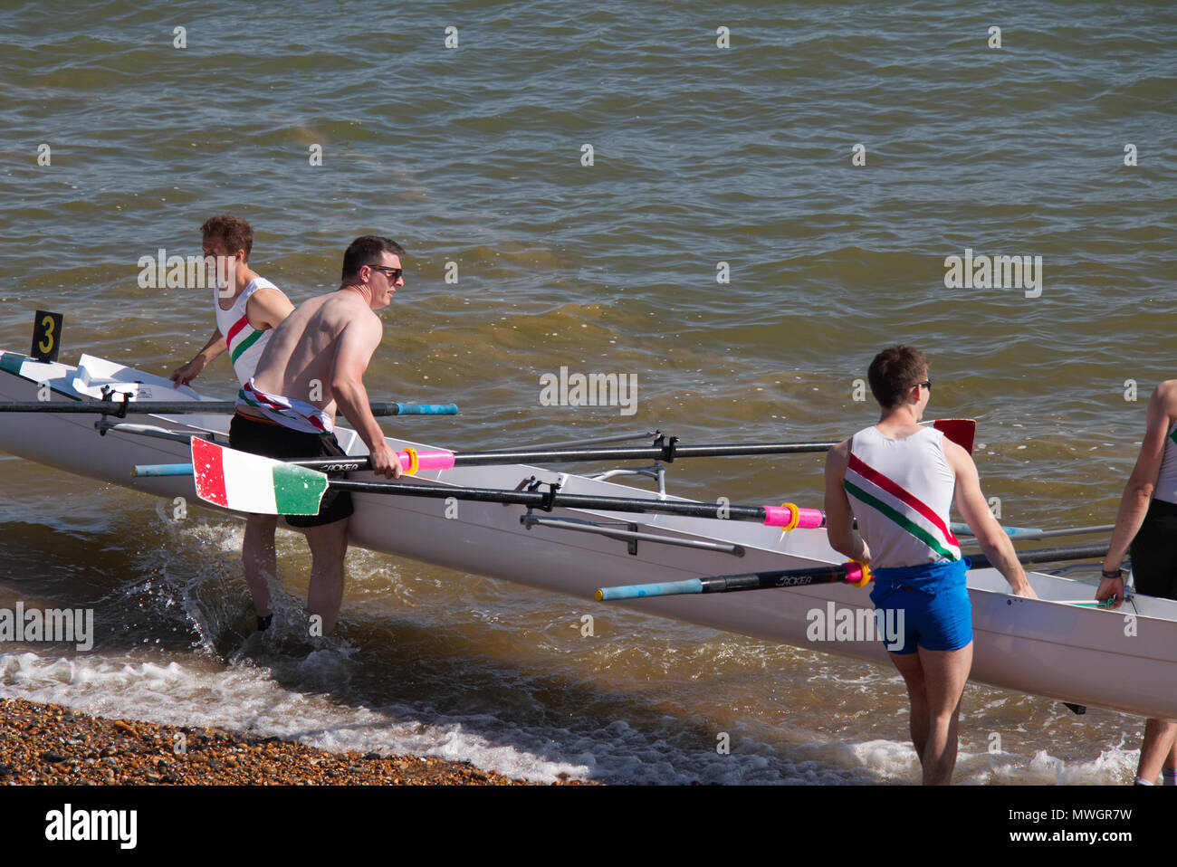 Coxed quadruple scull at the Hastings 150th annual rowing regatta Stock Photo
